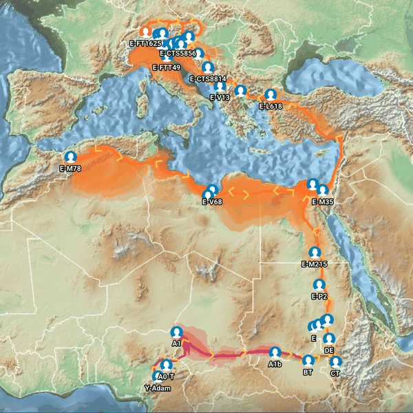 Globetrekker map tracing a paternal lineage from Africa into Europe
