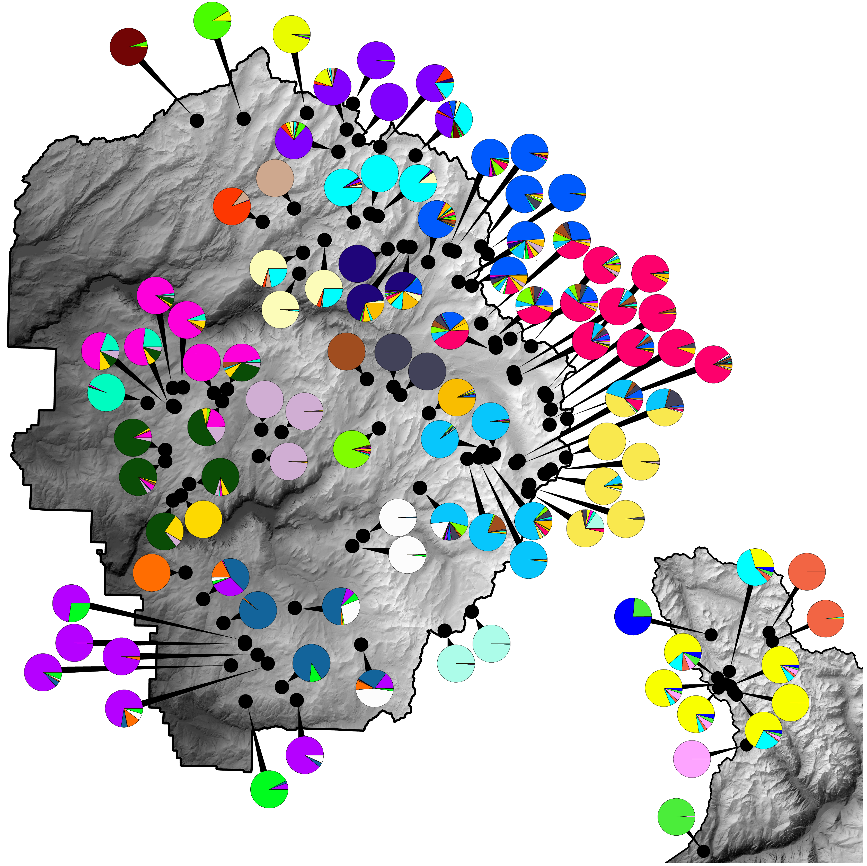 Hierarchical admixture results at K=28 plotted across Yosemite and Kings Canyon meadows