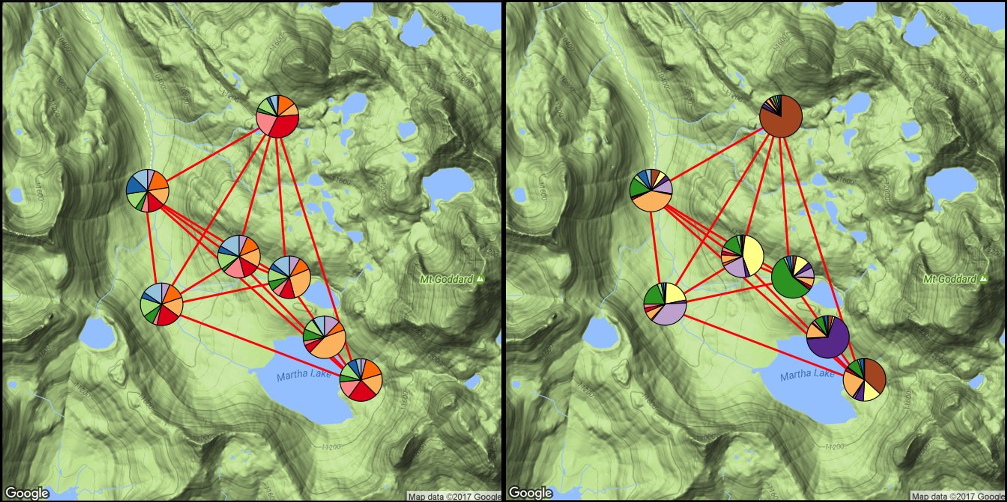 Simulated migration paths across a three-dimensional landscape