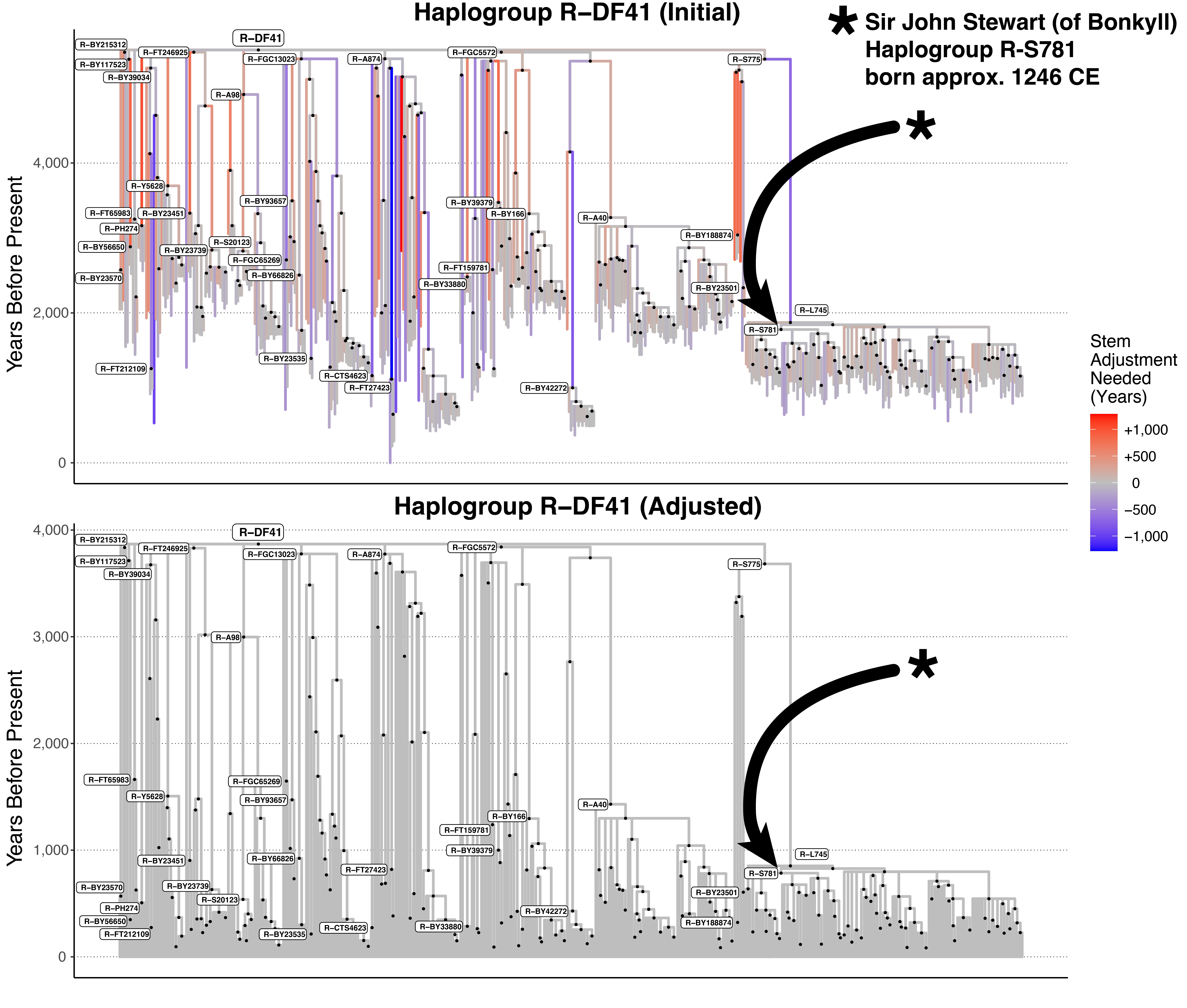 Haplogroup R-DF41 before and after relaxed-clock stem adjustment