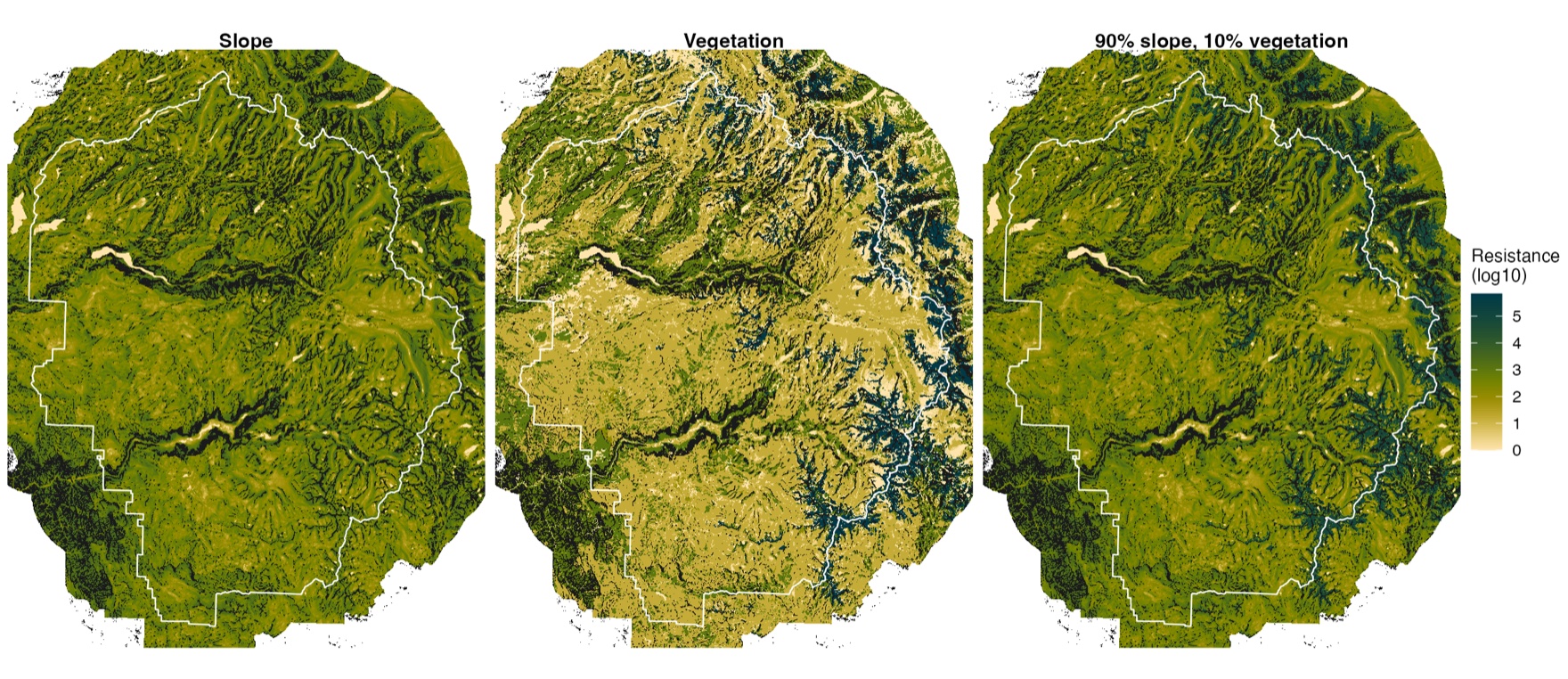 Resistance surfaces for slope, vegetation and the combined 90 percent slope model across Yosemite National Park